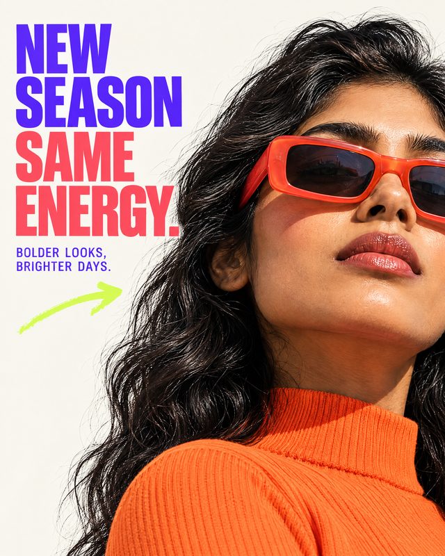 Social post: fashion portrait with the headline New Season, Same Energy