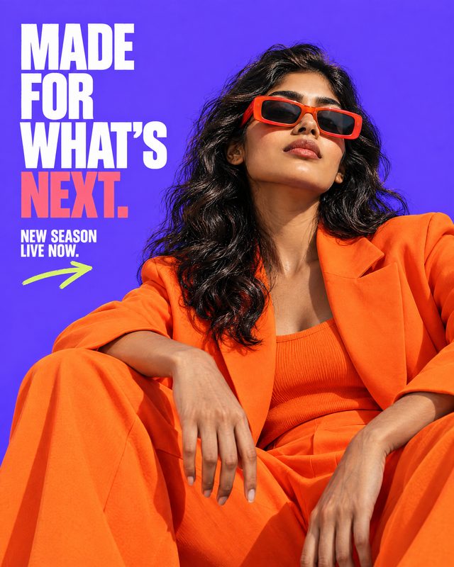 Social post: model in orange on violet with the headline Made for What's Next